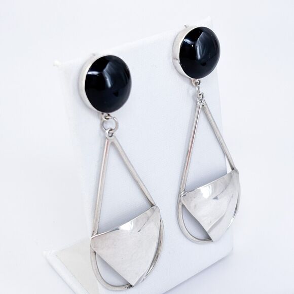 Vintage Mexico Taxco TS-79 Sterling Silver 925 Onyx Geometric Dangle Earrings - Picture 3 of 7